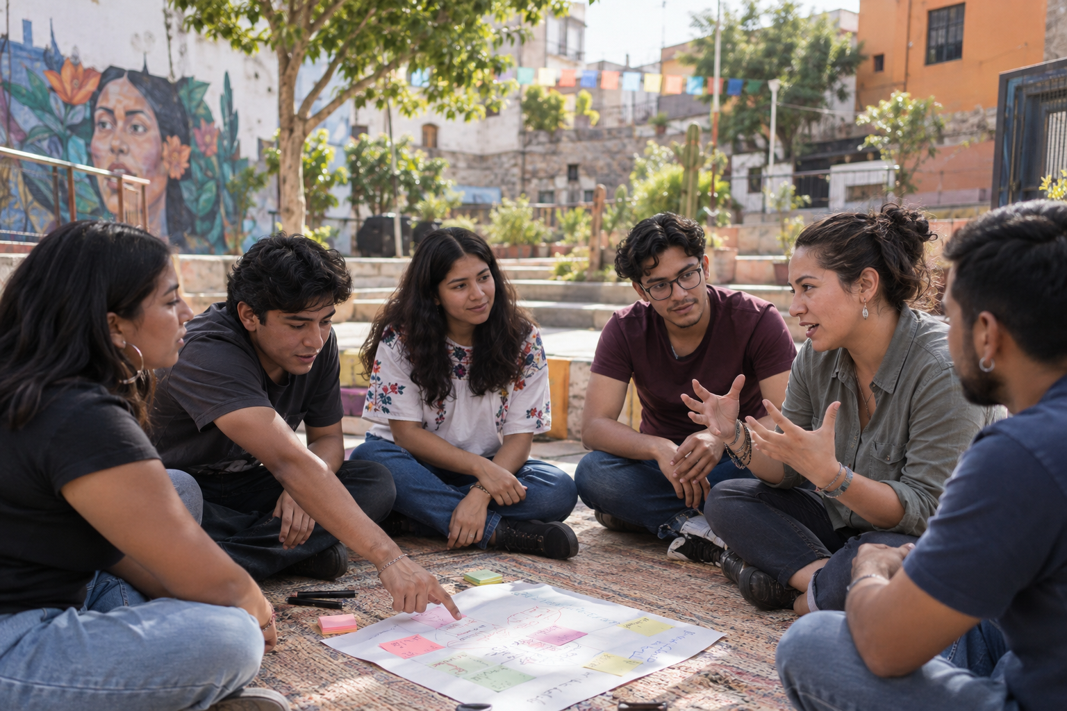 Jóvenes y una facilitadora participando en una actividad comunitaria. Fotografía ilustrativa.